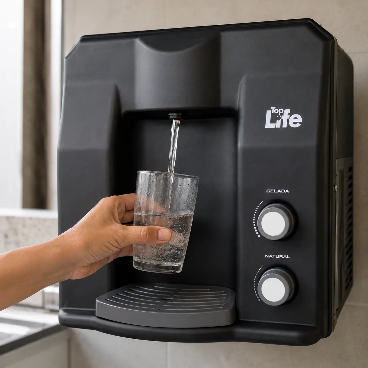 Purificador Top Life servindo água gelada em um copo